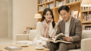 背學貸的大學生小慧與老爹一起在安靜書店的溫馨角落